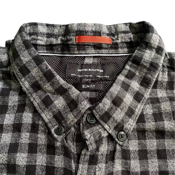 Denim & Flower Button Up Shirt Mens Sz L Slim Fit Gray Black Plaid Long Sleeve - Picture 3 of 8